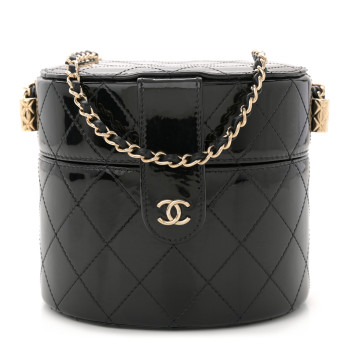 CHANEL Patent Quilted Round Clutch With Chain Black