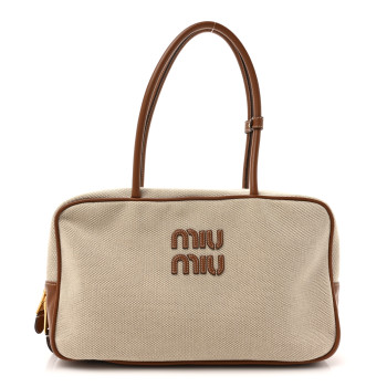 MIU MIU Canvas Calfskin Large Beau Top Handle Bag Naturale Brandy