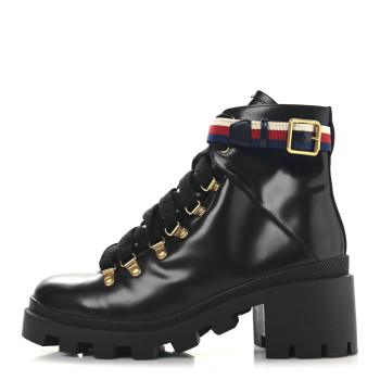 GUCCI Calfskin Sylvie Web Womens Lace Up Combat Boots 38.5 Black
