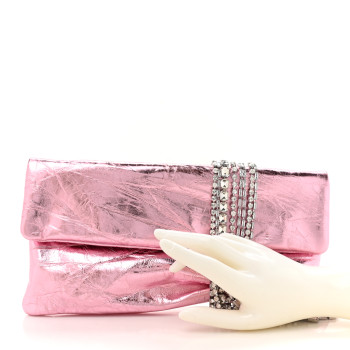 JIMMY CHOO Vintage Metallic Calfskin Crystal Zandra Clutch Bag Rose Silver