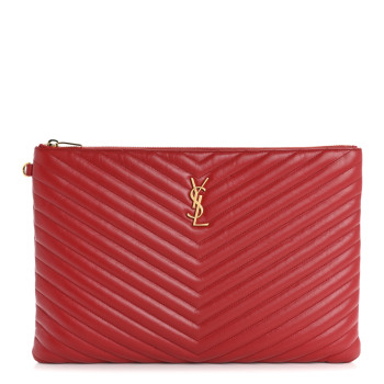SAINT LAURENT Calfskin Matelasse Chevron Monogram Document Holder Rouge Eros