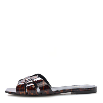 SAINT LAURENT Patent Calfskin Nu Pied 05 Slide Sandals 40 Tortoise