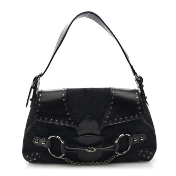 GUCCI Monogram Horsebit Chain Studded Flap Shoulder Bag Black