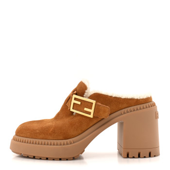 FENDI Suede Shearling Clogs 39 Caramello Latte