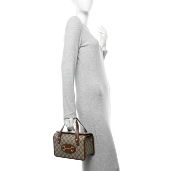 GUCCI GG Supreme Monogram Azalea Calfskin Mini Horsebit 1955 Foldover Top Handle Bag Beige Ebony Brown Sugar