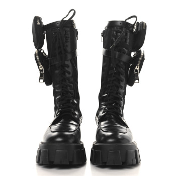 PRADA Spazzolato Rois Re-Nylon Metal Triangle Logo Monolith Pouch Pocket 55mm Tall Combat Boots 39.5 Black
