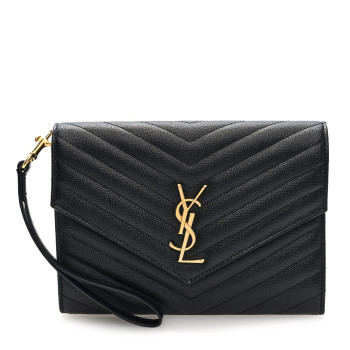 SAINT LAURENT Grain De Poudre Matelasse Chevron Monogram Envelope Clutch Black