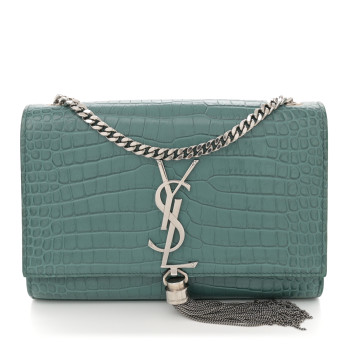 SAINT LAURENT Calfskin Crocodile Embossed Small Classic Monogram Kate Tassel Satchel Water Green