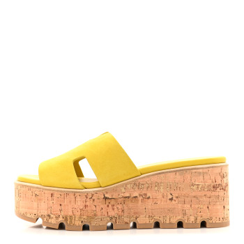 HERMES Suede Goatskin Cork Eze 30 Sandals 39 Jaune Citron