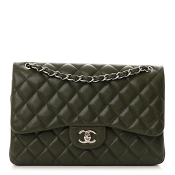 CHANEL Caviar Quilted Jumbo Double Flap Vert Fonce