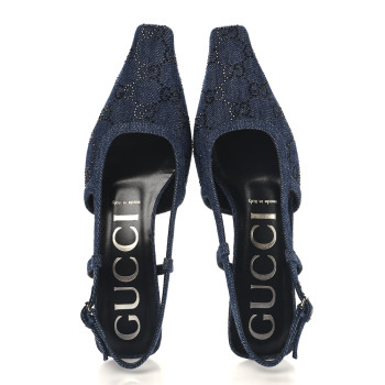 GUCCI Denim GG Monogram Malaga Kid Crystal Square G 35mm Slingback Pumps 37.5 Blue