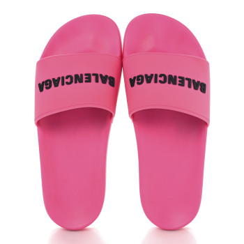 BALENCIAGA Rubber Womens Logo Pool Slide Sandals 40 Fluo Pink Black