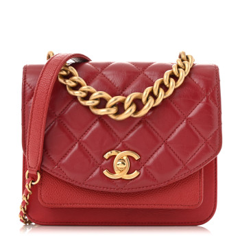 CHANEL Calfskin Caviar Quilted Mini Chain Handle Flap  Red