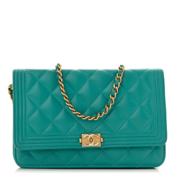 CHANEL Lambskin Quilted Boy Wallet On Chain WOC Turquoise