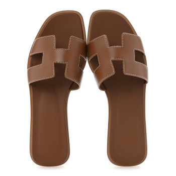 HERMES Box Calfskin Oran Sandals 37.5 Gold