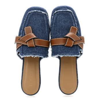 LOEWE Washed Denim Calfskin Gate Mule Sandals 38 Blue Tan