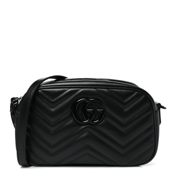 GUCCI Calfskin Matelasse Monochrome Small GG Marmont Chain Shoulder Bag Black