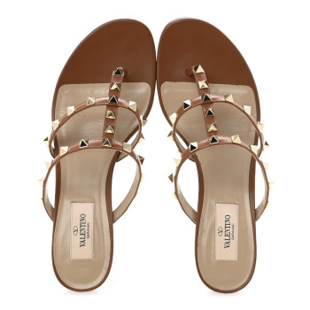VALENTINO GARAVANI Calfskin Rockstud 50mm Flip Flop Thong Sandals 38 Saddle Brown