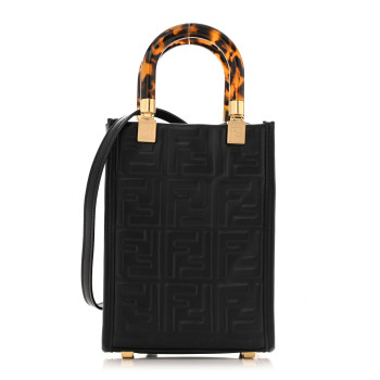 FENDI Vitello Plexiglass FF Embossed Mini Fendi Sunshine Shopper Tote Black