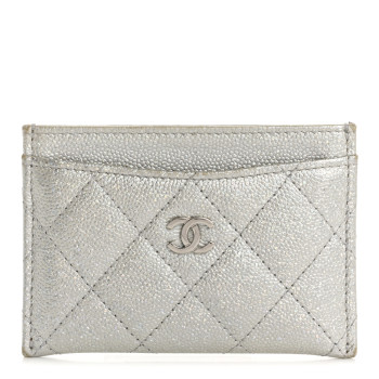 CHANEL Glittered Metallic Caviar Quilted Card Holder Silver