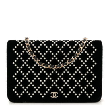 CHANEL Velvet Pearl Diamond Embellished Wallet On Chain WOC Black