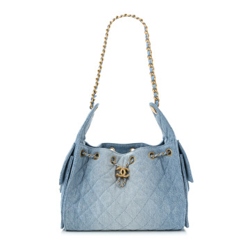 CHANEL Washed Denim Quilted Small Chanel 25 Handbag Blue