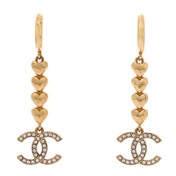 CHANEL Metal Crystal CC Heart Hoop Long Drop Earrings Gold