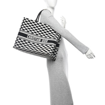 CHRISTIAN DIOR Canvas Embroidered Checkered Book Tote Black White
