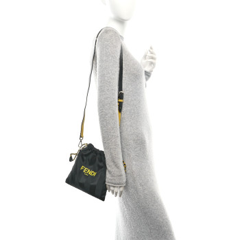 FENDI Recycled Nylon Vitello Grace Light Pequin Small Saint Fendi Roma Drawstring Pouch Black Sunflower