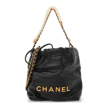 CHANEL Shiny Crumpled Calfskin Quilted Pearl Mini Chanel 22 Black