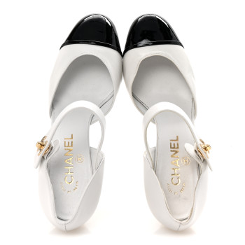 CHANEL Lambskin Patent Cap Toe Mary Jane Wedge Pumps 38 White Black
