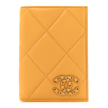 CHANEL Lambskin Quilted Chanel 19 Passport Holder Yellow