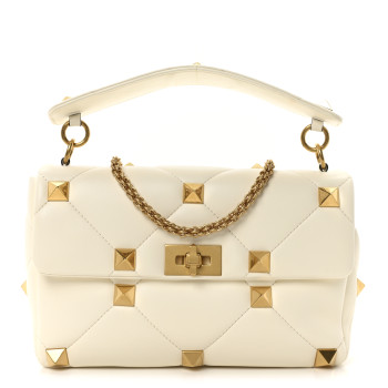 VALENTINO GARAVANI Nappa Large Roman Stud Shoulder Bag Ivory