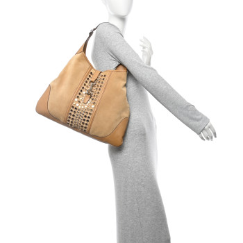 GUCCI Suede Studded Large Jackie Shoulder Bag Light Brown
