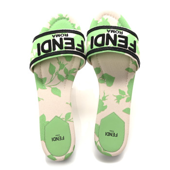 FENDI Canvas Rose Logo Embroidered Flat Slide Sandals 41 Bouquet Black
