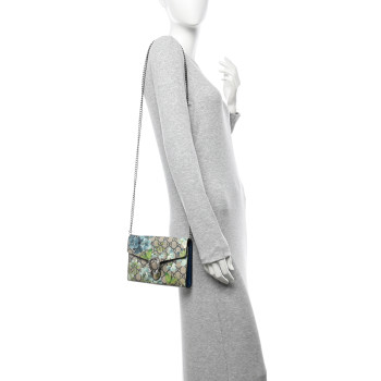 GUCCI GG Supreme Monogram Blooms Mini Dionysus Chain Wallet Beige Blue Navy Vintage Blue