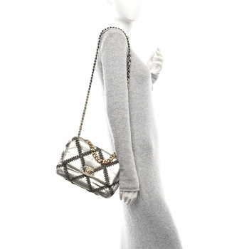 CHANEL Metallic Calfskin Crochet Medium Chanel 19 Flap Silver