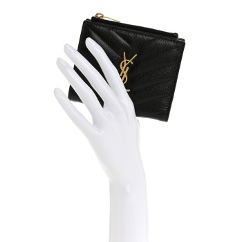 SAINT LAURENT Grain De Poudre Matelasse Chevron Monogram Zipped Card Case Black