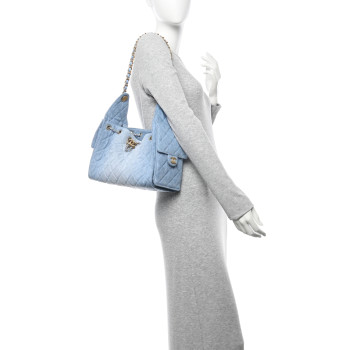CHANEL Washed Denim Quilted Small Chanel 25 Handbag Blue