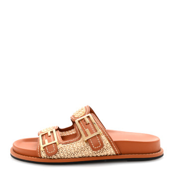 FENDI Raffia Vitello Womens Fendi Feel Buckled Slide Sandals 39 Paglia Brandy
