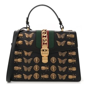 GUCCI Calfskin Animal Studs Medium Sylvie Top Handle Bag Black
