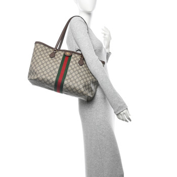 GUCCI GG Supreme Monogram Textured Calfskin Web Medium Ophidia Shopping Tote Beige Ebony New Acero