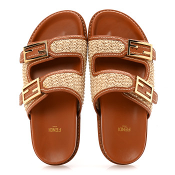 FENDI Raffia Vitello Womens Fendi Feel Buckled Slide Sandals 39 Paglia Brandy