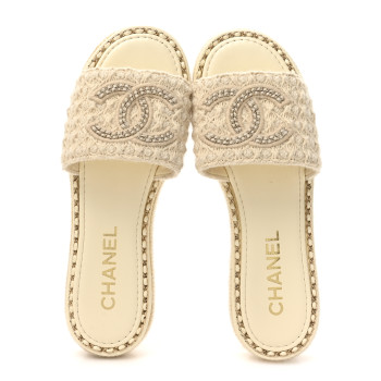 CHANEL Wool Alpaca Chain CC Slide Sandals  39 Ivory