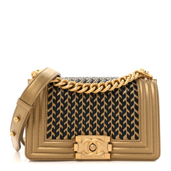 CHANEL Metallic Lambskin Woven Small Boy Flap Black Gold