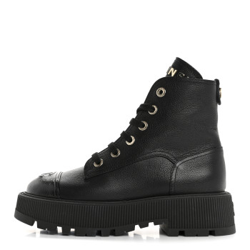 CHANEL Grained Calfskin Shiny Calfskin CC Lace Up Combat Boots 37.5 Black