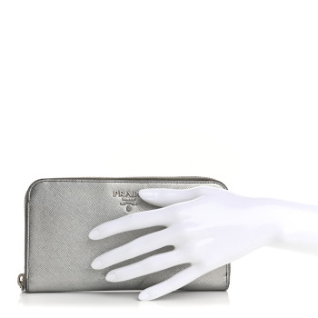 PRADA Saffiano Metal Zip Around Wallet Argento
