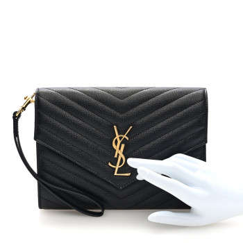 SAINT LAURENT Grain De Poudre Matelasse Chevron Monogram Envelope Clutch Black