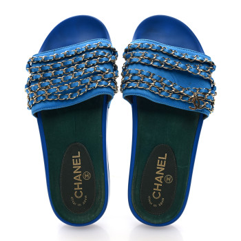 CHANEL Satin Canvas Chain Slides Sandals Flats 40 Blue