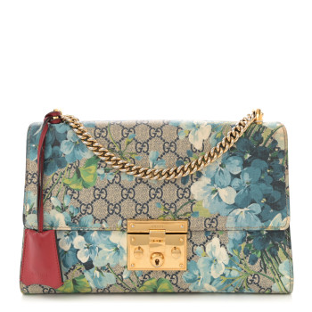 GUCCI GG Supreme Monogram Blooms Medium Padlock Shoulder Bag Beige Blue Navy Hibiscus Red